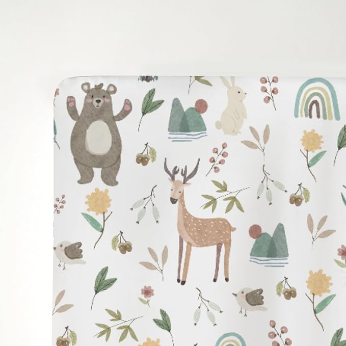 Boho Spring Animal Baby Crib Sheets for Boy Girl 52x28Inch Bear Deer Bunny Bird Rainbow Trees Mountain Soft Snug Fitted Crib Mattress Cover Animals Baby Sheet for Standard Crib & Toddler Mattress