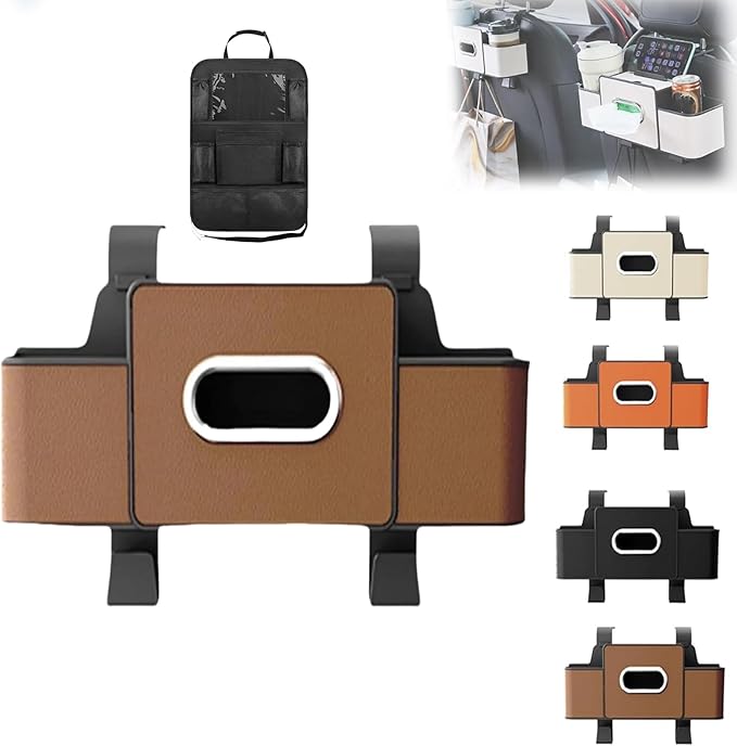 pupken Car Organizers and Storage Box, Car Organizers and Storage Box Behind Set, 4 in 1 Multifunctional Cars Organizer and Storage Back Seat for Hold Phone, Drinks, Handbag, Universal Fit (Brown*1)