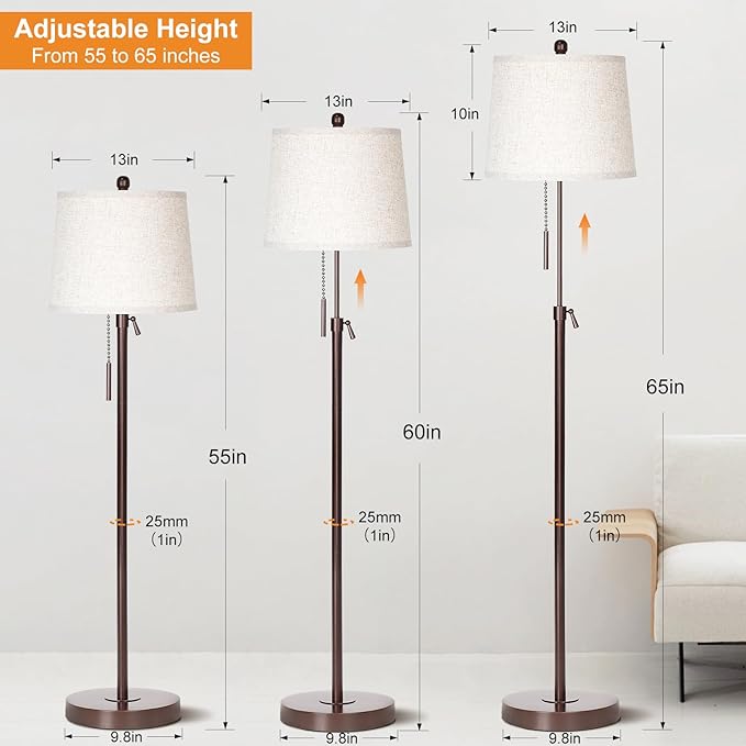 JUNNAI Modern Floor Lamp Adjustable Height Standing Lamp Tall Lamp with 3 Color Temperatures Floor Lamps for Living Room Bedroom Office Beige Shade Bulb Included-Brown