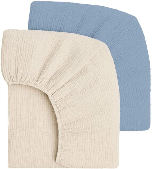 Mère & Moi Muslin Fitted Crib Sheets – 100% Cotton, Ultra-Soft & Breathable Baby Bedding for Standard Crib & Toddler Mattress (28” x 52”) - 2 Pack (Light Blue and Cream)