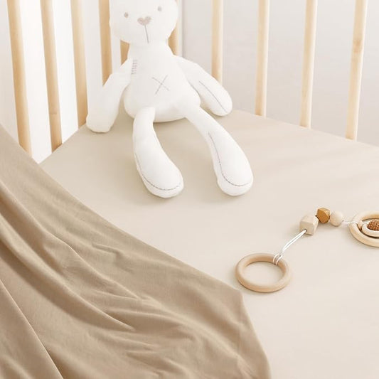 GRSSDER Jersey Crib Sheets for Boys and Girls, Stretchy Ultra Soft Crib Fitted Sheets Set 2 Pack, Universal Fit All Standard Crib Mattress Pads Safe and Snug, Natural Cream/Beige