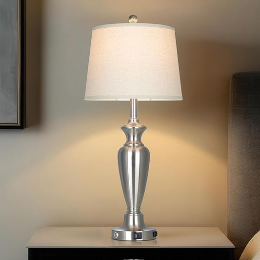 luxeflow Silver Table Lamp for Living Room Single, 30″ Tall Touch Control Bedside Lamp for Nightstand, 3-Way Dimmable Bedroom Lamp with USB A+C Ports and AC Outlet (1 Pack)