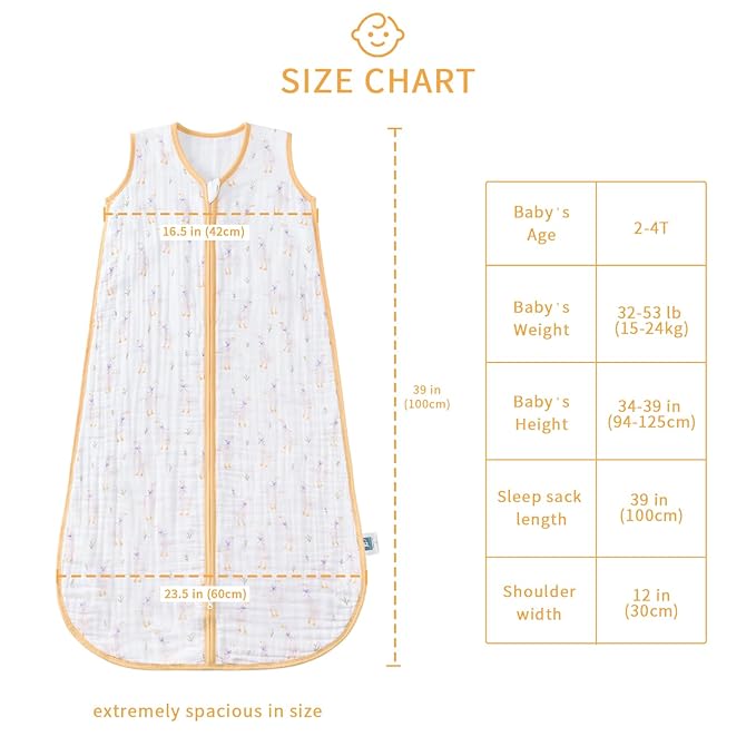 Baby Sleep Sack 2-4 T Baby Wearable Blanket 100% Organic Cotton 0.5 TOG Toddler Sleep Sacks 2- Way Zipper Soft 4 Layers Muslin 2T 3T 4T Goose Yellow