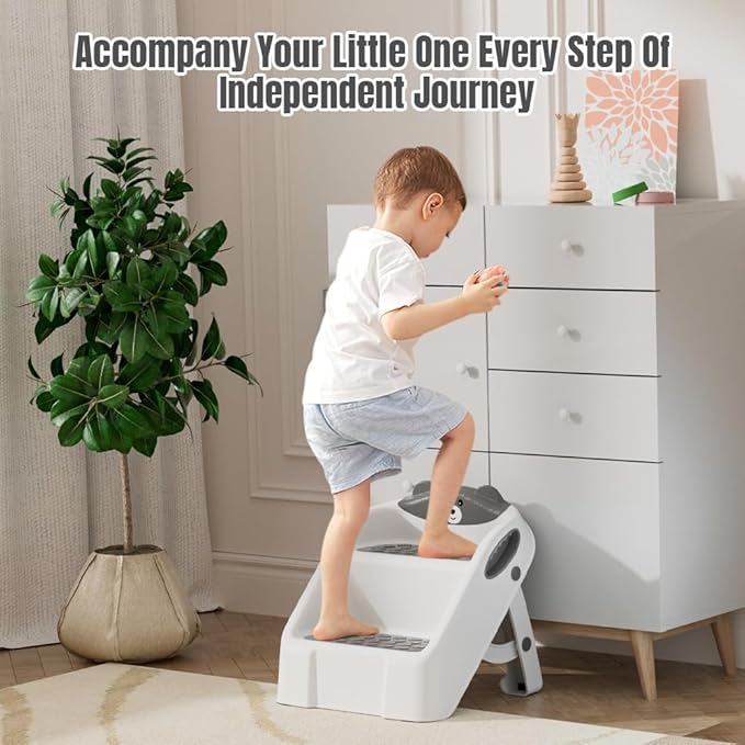 Step Stool for Toddlers, Toddler Step Stool for Bathroom Sink, Foldable Non-Slip Kids Stool with Handle, 2 Step Stools for Kids, Toddler Stool for Kitchen Bedroom Counter Sink (Grey)