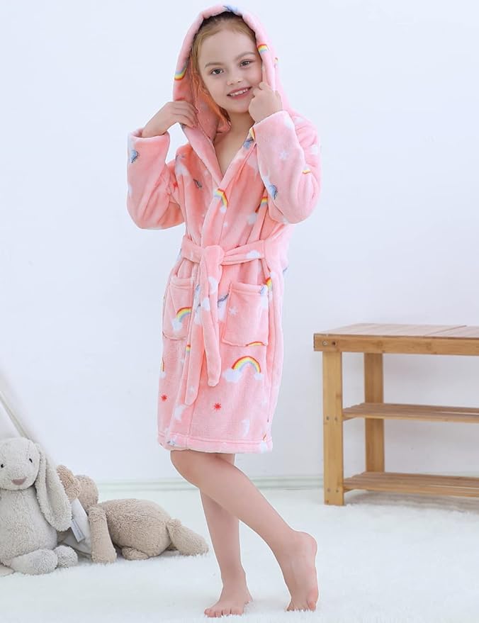 Girls Fleece Hooded Robes, Kids Soft Premium Fuzzy Bathrobe for Gifts, 2-12 Years