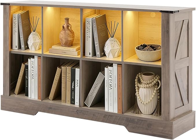 Puntogen 8 Cube Storage Organizer, Wood Cube Bookshelf with LED Lights, Horizontal Storage Cubes, Kids Bookshelf, Display Cabinet Cubby Shelf for Living Room Home Office Bedroom，Grey