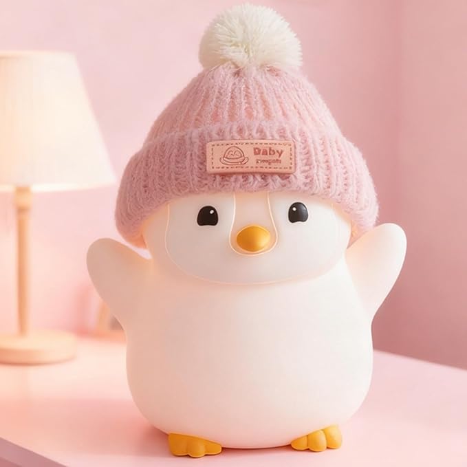 FAMIDUO Penguin Night Light, Cute Pink Penguin Lamp with Knit Hat, Soft Silicone Nursery Nightlight for Baby, Rechargeable/Dimmable/Timer,LED Squishy Novelty Animal Bedside Lamp,Funny Gifts for Kids