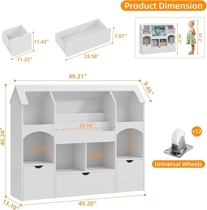 Halitaa Kids Bookshelf with Toy Storage, Castle-Shaped Bookshelf with 3 Movable Drawers and LED Lights, Toy Storage Organizer with 3-Tier Book Rack for Kids Room, Playroom, Nursery