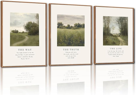 CHDITB Vintage Christian Framed Canvas Wall Art Set, The Way The Truth The Life Wall Decor, Bible Verse Artwork Scripture Wall Painting, Religious Art Prints for Living Room Bedroom Office 16"x24"x3