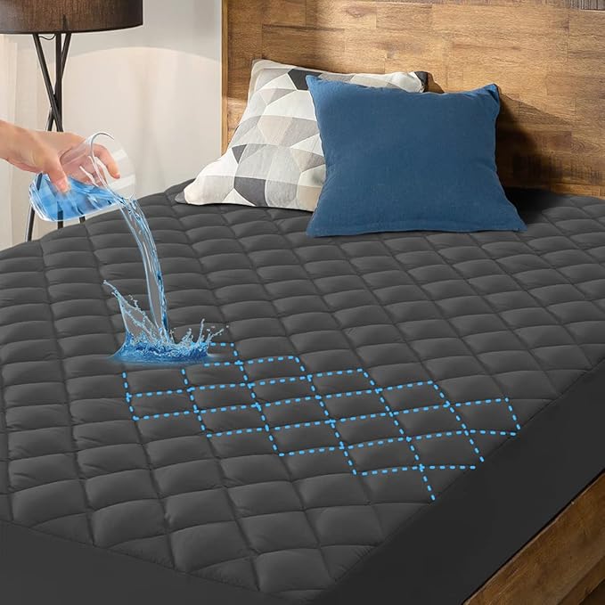HYLEORY California King Size Waterproof Mattress Pad Protector, Breathable Quilted Mattress Cover Noiseless Waterproof Fitted Sheet Mattress Topper Upto 21" Deep Pocket, Dark Grey