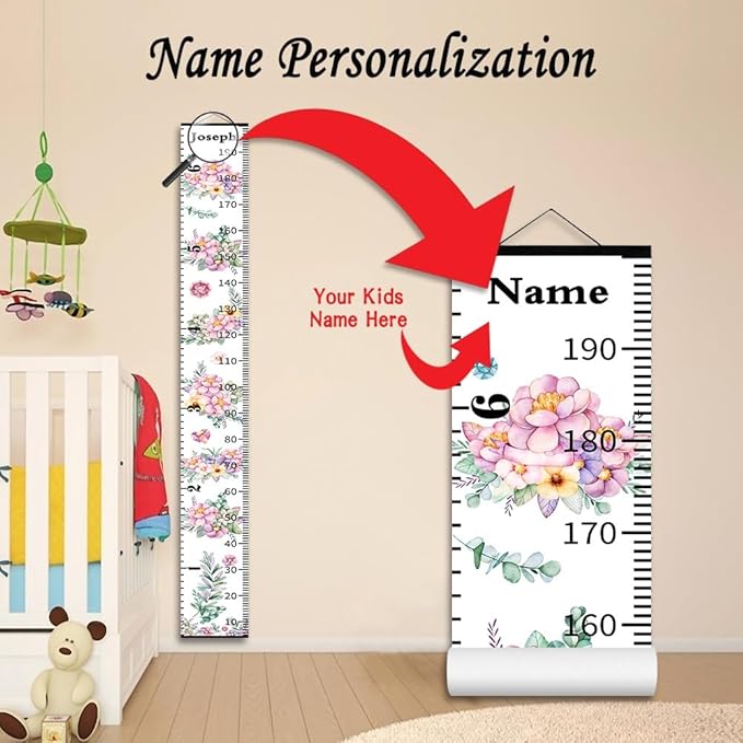 Wall Height Chart for Kids Personalized Name Custom Christmas Gift Baby Girls Flower Room Decor Wall Canvas Height Growth Measurement Ruler for Toddler Removable Wall Hanging Playroom Decoration