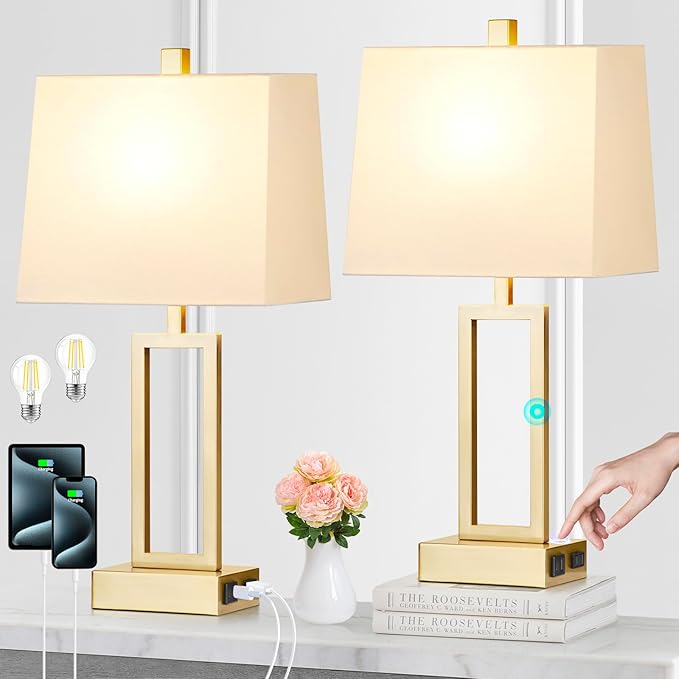 Lolikit 23.5" Touch Control Table Lamps, Metal Bedside Lamp for Bedroom Set of 2 with USB A+C Ports & AC Outlet, 3-Way Dimmable Nightstand Lamp for Living Room (LED Bulb Included)