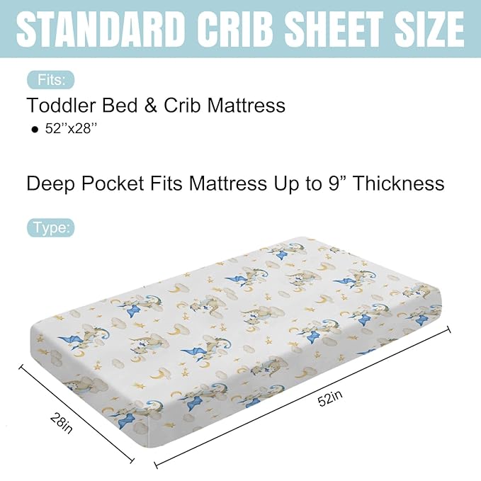 Cartoon Fairy Tale Dragon Moon Stars Clouds Baby Crib Sheets 52''x28'' Watercolor Dragons Stretchy Fitted Crib Mattress Cover for Boy Girl Soft Bed Sheet for Standard Crib and Toddler Mattress