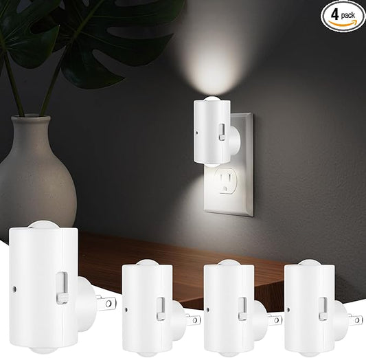 LED Night Light Plug in, Modern Plug-into Wall NightLight, Adjustable 0-200LM Brightness,Daylight 5000K,Dimmable Night Lights for Hallway Bedroom Stairway, Kitchen, Dusk to Dawn Sensor,4 Pack
