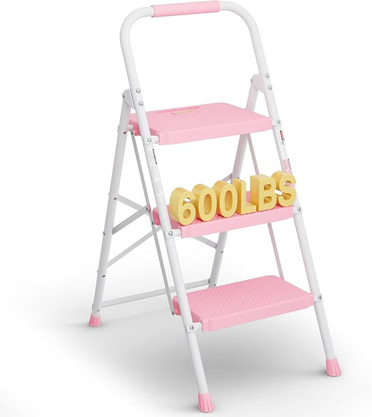 BONTEC 3-Step Ladder, Folding Step Stool, 600lbs Max Load Capacity, Sturdy Steel, Non-Slip Pedals, Lightweight, Portable Steel Ladder with Convenient Handrail, Safety Design for Home & Work, Pink