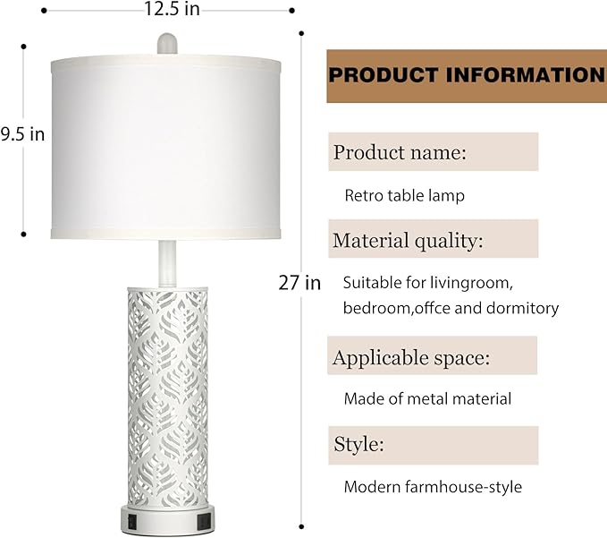Cinkeda Set of 2 Rustic Table Lamps for Living Room Bedroom, Vintage Farmhouse Nightstand Lamp with 2 USB Ports, Hollow Out Metel Lamp for End Table with Nightlight (White)
