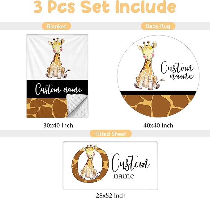 Personalized Baby Crib Bedding Set - 3 Pcs Custom Nursery Bedding Set with Name, Soft Double Layer Baby Crib Set for Girls Boys, Customized for Infant Toddler, Brown Giraffe