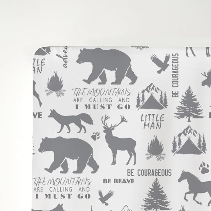 Gray Animals Baby Crib Sheets for Boy 52x28Inch Deer Bear Horse Trees Mountain Soft Stretchy Fitted Crib Mattress Cover Camping Adventure Baby Sheet for Standard Crib & Toddler Mattress
