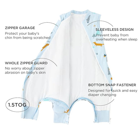 Duomiaomiao 1.5 TOG Toddler Sleep Sack 12-24 Months 100% Cotton Four Season Side Open Zipper Baby Sleep Sack with Feet, Breathable Toddler Wearable Blanket