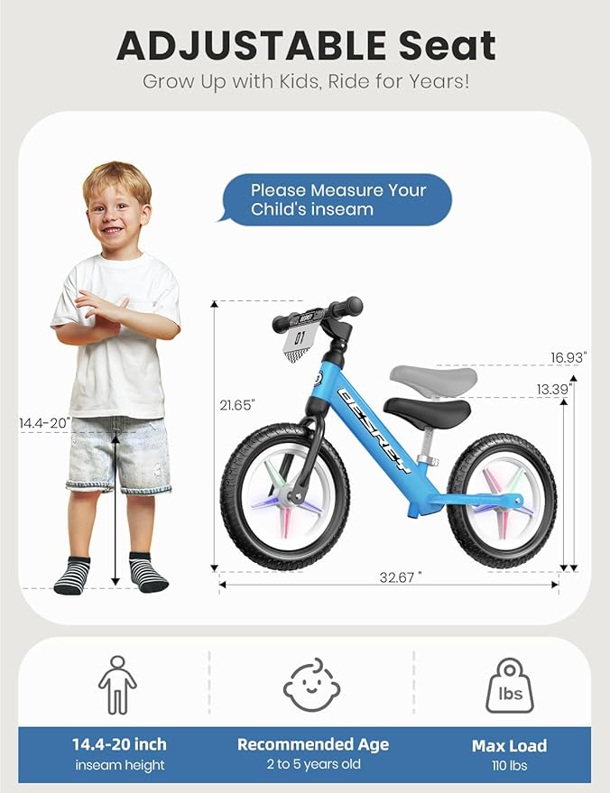 besrey Toddler Balance Bike 2 Year Old: All-Metal Frame & 12" Self-Lighting Wheels, Custom Plate w/Bonus 4 Sets of Stickers, Kids Bike with Adjustable Seat, Bike Gift for 2 3 4 5 Year Old Boys Girls