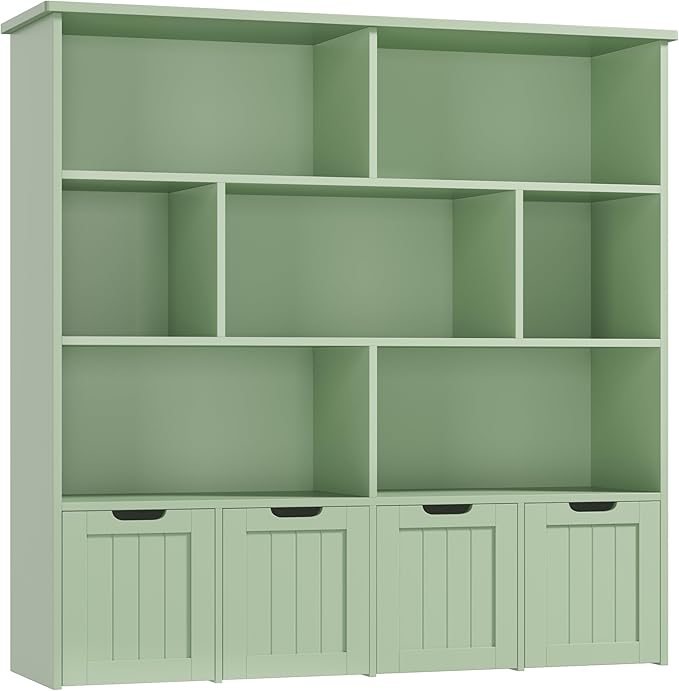 FINETONES Storage Organizer, Bookshelf with 4 Movable Chests and 7 Storage Cubes, Chest Storage with Hidden Wheels, Organizers and Storage, Green