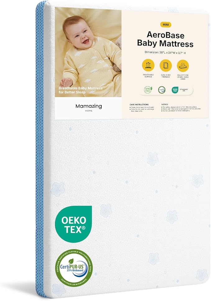 MAMAZING Mini Crib Mattress 38" L x 24" W, 2-Stage Breathable Mattress, Non-Toxic, Waterproof Sleep Surface, Machine-Washable Outer Cover for Easy Care, Fits Mini Size & Portable Crib