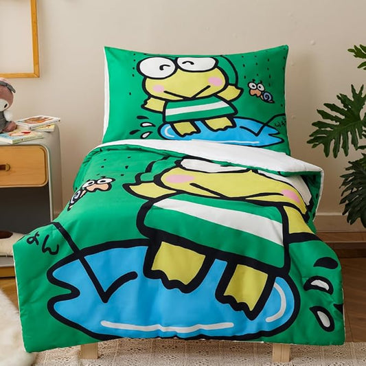 CLOTHKNOW Frog Toddler Bedding Sets for Boys, 4 Pieces Bedding Sets, Cute Animal Cartoon Pattern, Soft Crib Bed Set Including Comforter, Flat Sheet, Fitted Sheet and Pillowcase