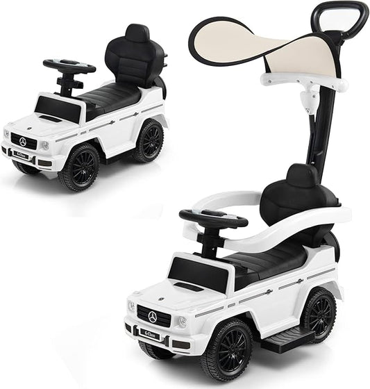 Costzon Push Car for Toddlers, 3 in 1 Mercedes Benz Stroller Sliding Walking Car w/Canopy, Handle, Armrest Guardrail, Underneath Storage, Horn Sound, Foot-to-Floor Ride On Toy for Boys Girls (White)