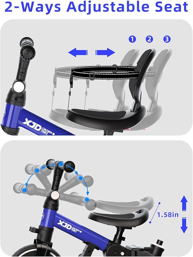 XJD Toddler Bike, 6 in 1 Folding Toddler Tricycle for 1-4 Year Old with Parental Control Handle, Balance Bike with Removable Pedal, Backrest, Adjustable Seat, First Birthday Gifts (Blue)