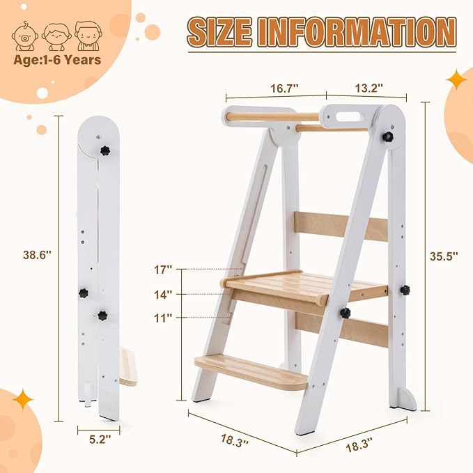 Gewitt Foldable Toddler Kitchen Stool Helper - Adjustable Height Toddler Standing Tower, Kids Helper Stool with Safty Rail for Kitchen Counter Bathroom (White)