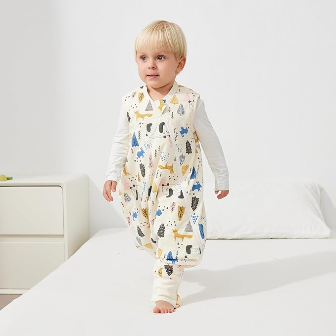 Duomiaomiao 1.5 TOG Toddler Sleep Sack 24-36 Months 100% Cotton Four Season Side Open Zipper Baby Sleep Sack with Feet, Breathable Toddler Wearable Blanket
