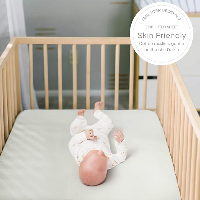 GRSSDER Soft Muslin Crib Sheet 2 Pack, 100% Cotton Crib Sheets for Boys and Girls, Fit Standard Crib Mattresses 52" x 28" Safe and Snug, Light Gray/Roman Green