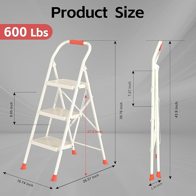 Foldable Step Ladder Folding Stool - 600Lbs Heavy Duty with Handrails for Home Adults Kitchen 3 Stepping Extension Tall - Indoor House Closet Stepstool Stair Ladders Extendable Stepladder