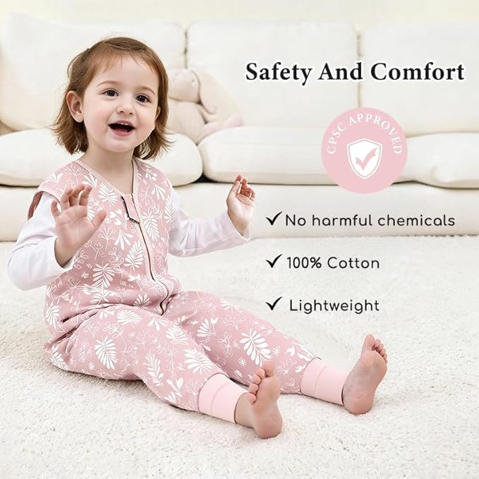 Toddler Sleep Sack with Feet 4-5 T, 2.5 TOG Cotton Baby Wearable Blanket with Legs, Winter Sleep Bag Walker with 2-Way Zipper, Floral