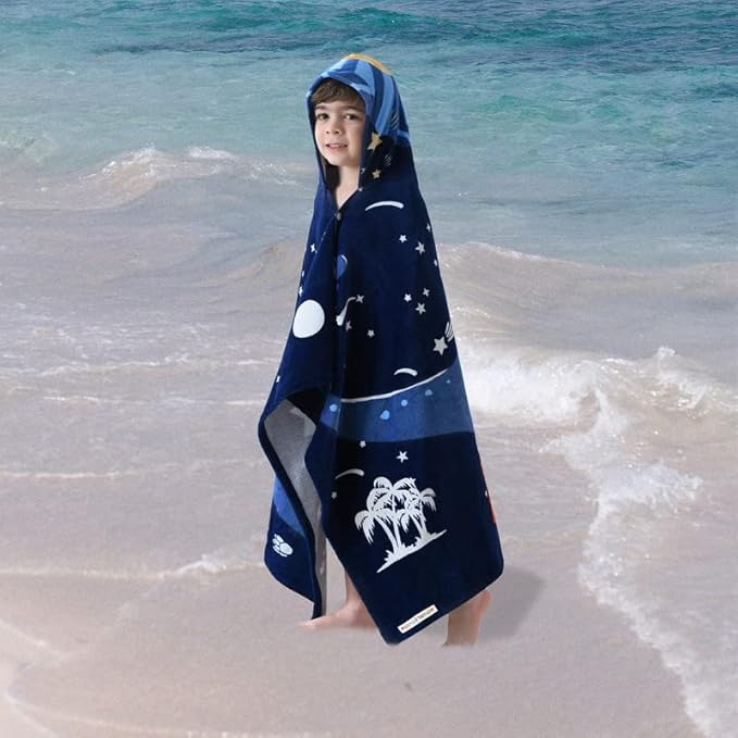 VOOVA & MOVAS Toddler Bath Towel with Hood for Kids Age 3-8, 30''X50, Soft | Thick | Absorbent Cotton Wrap Blanket, Beach, Pool, Swim | Bath Use, Dinosaur Under The UFO
