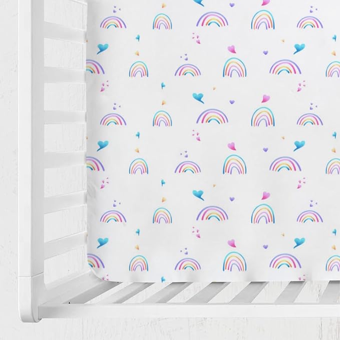 Rainbow Baby Crib Sheet 52''x28'' Cute Rainbow Love Colorful Stretchy Fitted Crib Mattress Sheet for Boy Girl Crib Mattress Sheet Toddler Bed Sheets for Standard Crib and Toddler Mattresses
