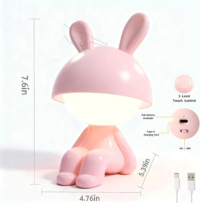 ShonlPin Night Light for Kids,Rechargeable Table Lamp,Touch Lamps for Nightstand,Dimmable,Breastfeeding,Nursery,Sleep Aid,Cute Bunny Decor Gifts Stuff for Baby Toddler Boys Girls Christmas Birthday