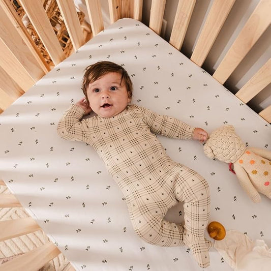 Ely's & Co. Patent Pending Waterproof Pack and Play Sheets, 100% Cotton with Waterproof Lining – 2 Pack Fitted Mini Crib Sheet Set, Berry and Cluster Dot (Sage) 38” x 24”