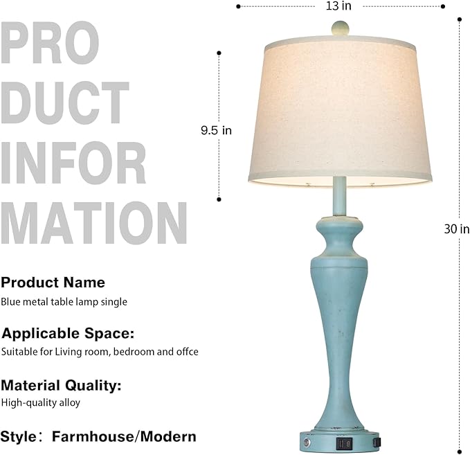 luxeflow 30" Blue Table Lamps Set of 2, Touch Control Coastal Living Room Lamp with USB A+C Ports and AC Outlet, 3-Way Bedside Lamps for Nightstand, Vintage Farmhouse Bedroom Lamp, 2 Bulbs Included