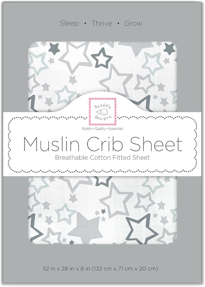 SwaddleDesigns Softest Cotton Muslin Fitted Crib Sheet/Toddler Sheet for Baby Boy & Girl, Gray & Sterling Starshine