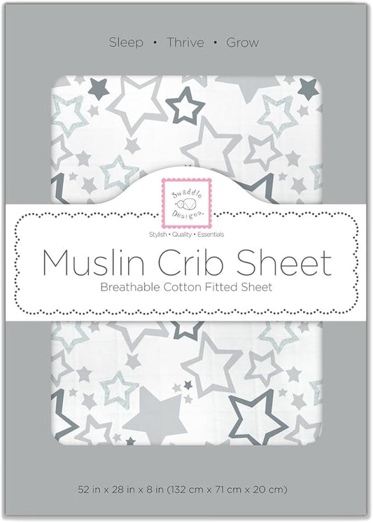 SwaddleDesigns Softest Cotton Muslin Fitted Crib Sheet/Toddler Sheet for Baby Boy & Girl, Gray & Sterling Starshine