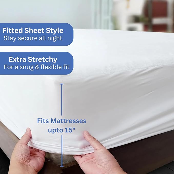 NON Sticky cotton Waterproof Terry Cotton Mattress Protector, 15" Deep Pocket Fitted Cover, Breathable Noiseless Washable, King 78" x 80", Solid White
