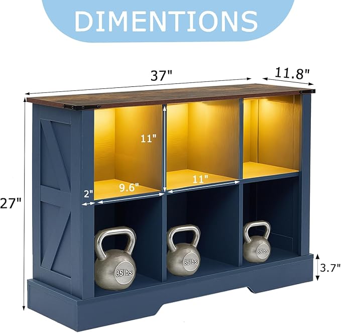 Puntogen 6 Cube Storage Organizer, Wood Cube Bookshelf with LED Lights, Horizontal Storage Cubes, Kids Bookshelf, Display Cabinet Cubby Shelf for Living Room Home Office Bedroom，Navy Blue