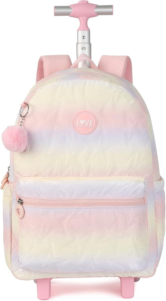 kingdisen Pink Rolling school backpack for girls with Lunch Box 3pc Set(QUILTED PINK)