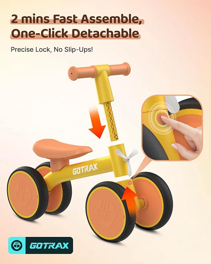 Gotrax Baby Balance Bike 1-2 Years, 7" Front&Rear Silent Wheels, Sturdy Steel Frame 66 lbs Load, Quick 2-Min Assembly, CPC Certified, Comfortable Soft Seat, Toddler Birthday Gift for Boys&Girls Yellow