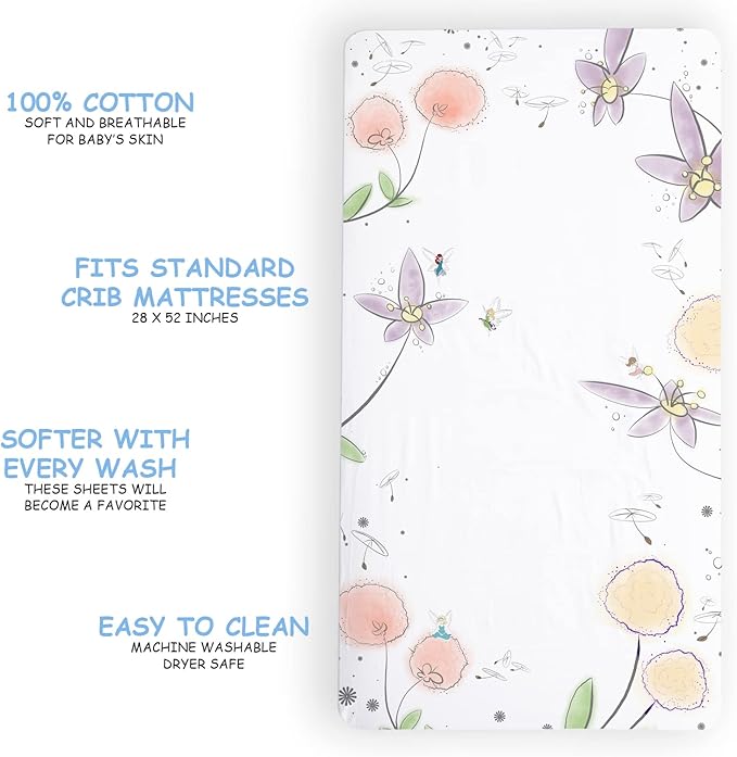 JumpOff Jo - Fitted Crib Sheet, Super Soft Breathable 100% Cotton Baby Crib Sheet for Standard Crib Mattresses and Toddler Beds, 28 in. x 52 in. - Fairy Blossom