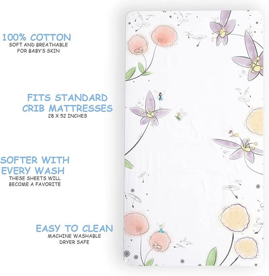 JumpOff Jo - Fitted Crib Sheet, Super Soft Breathable 100% Cotton Baby Crib Sheet for Standard Crib Mattresses and Toddler Beds, 28 in. x 52 in. - Fairy Blossom