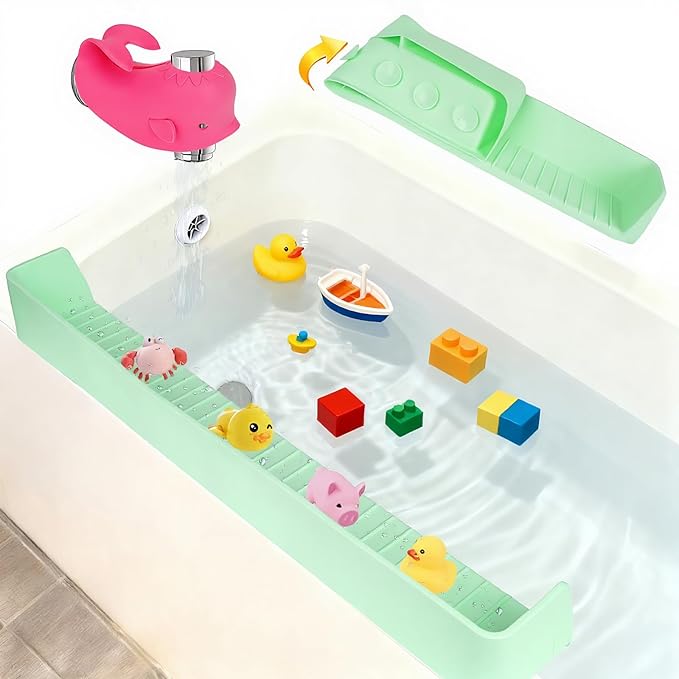 31-Ft Tub Kids Toy Tray Silicone Bathtub Splash Guard with 11 Suction Cups Holder,Soft Silicone Splash Guard for Easy Clean & Fold, Universal for Tub, Bathroom Sink, Kitchen Sink（Green）