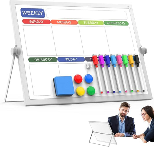 Laokiiy Weekly Dry Erase White Board, 16X12IN Magnetic Desktop Whiteboard Calendar with Stand, 8 Markers, 4 Magnets, 1 Eraser, Portable Double-Sided White Board Easel for Kids Memo to Do List Desk