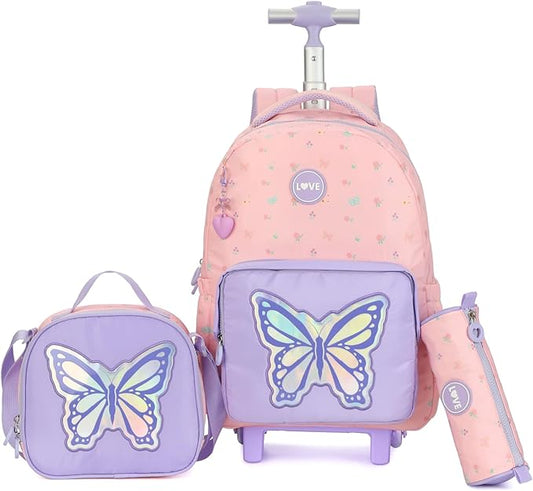 kingdisen Rolling Backpack for Women, 17 Inch Travel Backpack with Wheels, Vertical Storage Wheeled Laptop Backpack, Stylish Rolling Laptop Bag(BUTTERFLY PINK)
